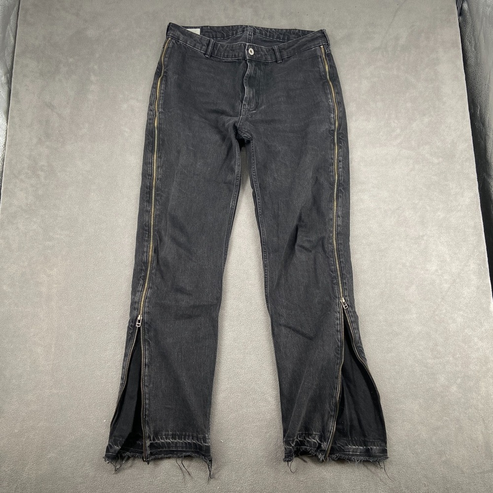 Y2K Zara‎ Flared Jeans Sz 32 Black Denim High Rise Flared Leg Zip Detail Raw Hem